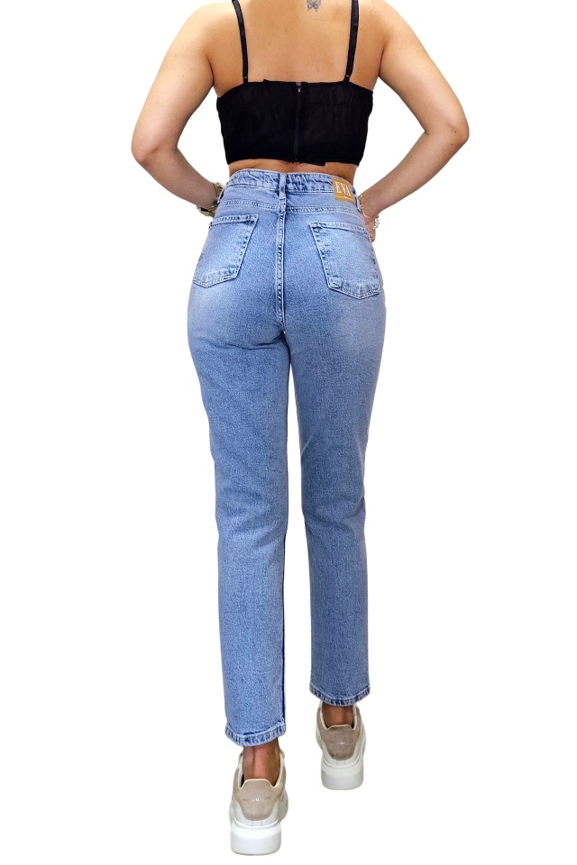 Blugi boyfriend PACIFYC, cu textura usor elastica si talie inalta, Albastru senin