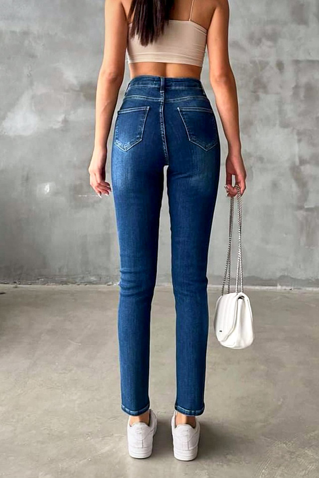 Blugi dama, Katy, croiala elastica boyfriend cu talie inalta, Albastru denim