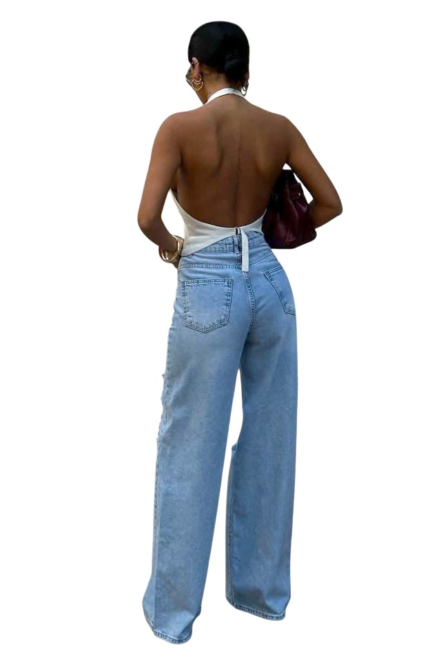 Blugi dama KUMBA, croiala wide leg palazzo cu dantela si perforatii, Albastru