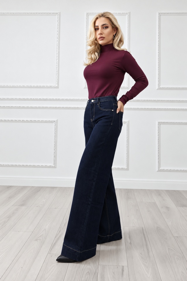 Blugi dama LYSENIA wide leg, cu talie inalta si croi larg, Albastru inchis — imaginea 5
