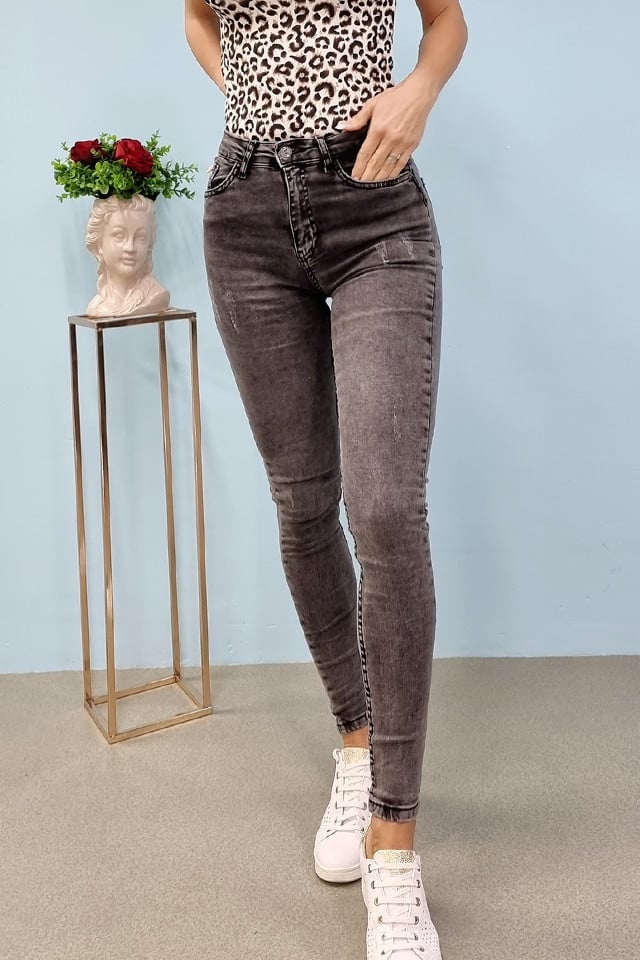 Blugi dama skinny Caty, cu talie inalta si striatii, Gri