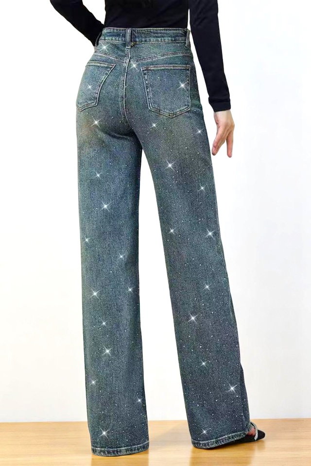 Blugi mom fit baggy ReBBE, cu paiete si croi drept, Gri inchis