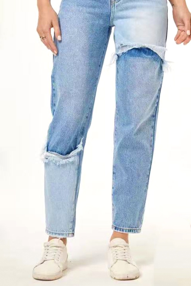 Blugi mom fit bicolor Riverside, aspect prespalat si perforatii petrecute, Albastru deschis