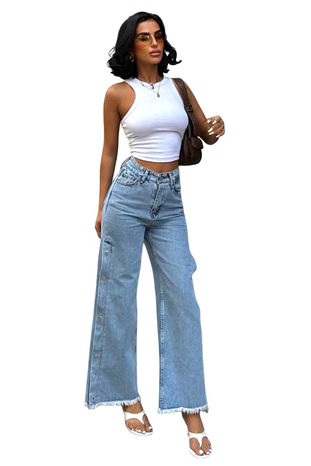Blugi wide leg Banyo, cu capse si franjuri, Albastru deschis