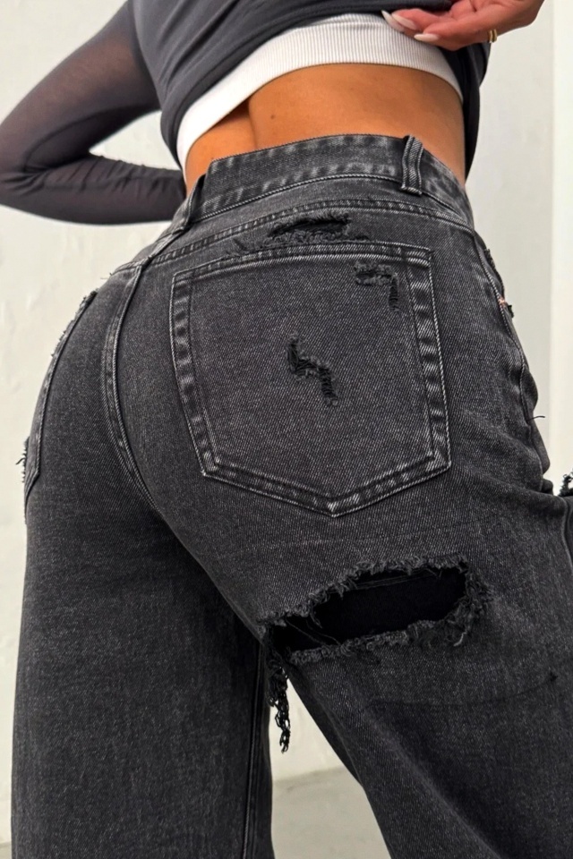 Blugi wide leg cu elastan, MYLANO si perforatii, Negru Antracit