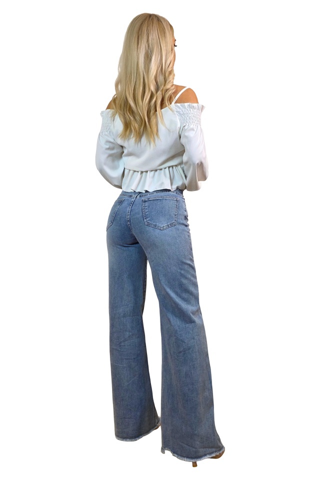 Blugi wide leg evazati Ventura, cu textura elastica, Albastru prespalat