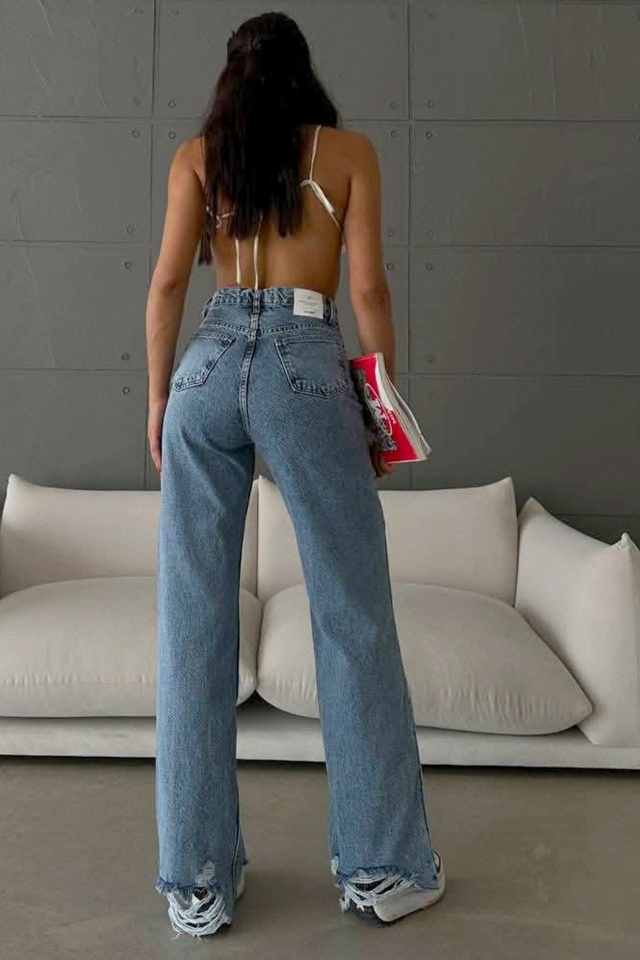 Blugi wide leg Yukatan, cu tiv perforat si aspect prespalat, Albastru Cyan - 1 | YEO