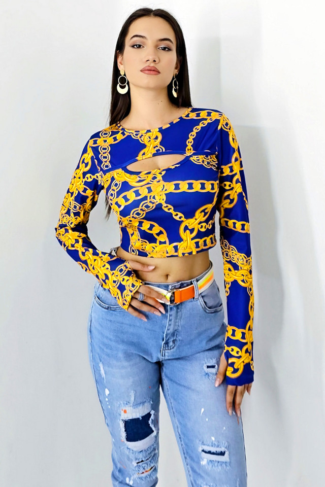 Bluza crop Sienna, cu decolteu decupat si maneca cu fenta/deget, Blue Chain - 2 | YEO