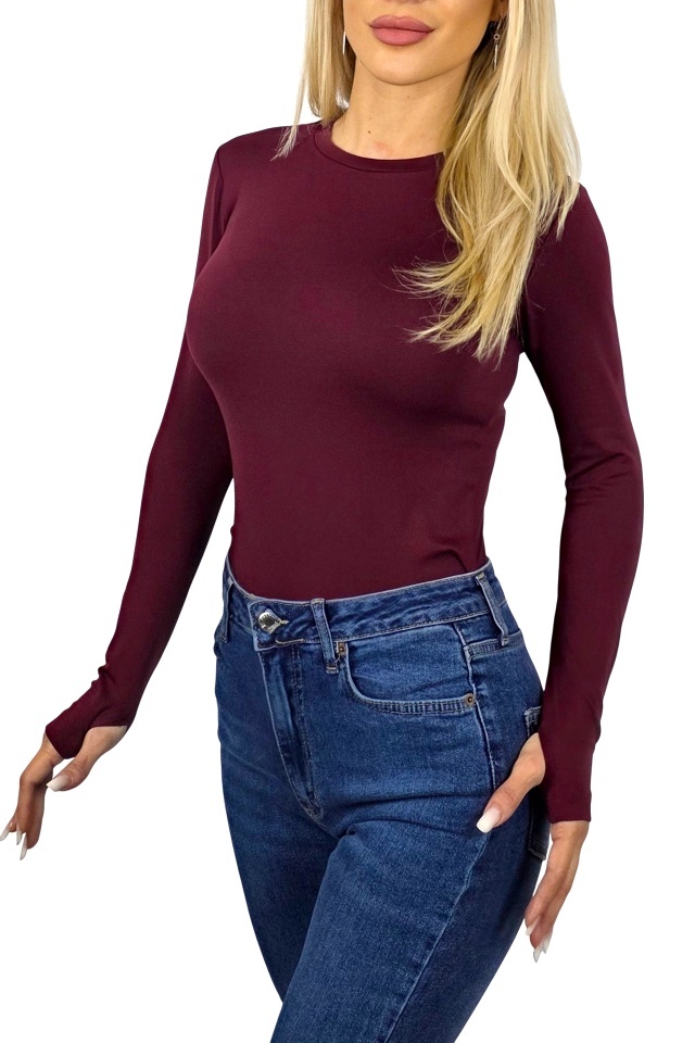 Bluza midi BASIC, cu guler rotund si fenta deget, Burgundy - 3 | YEO
