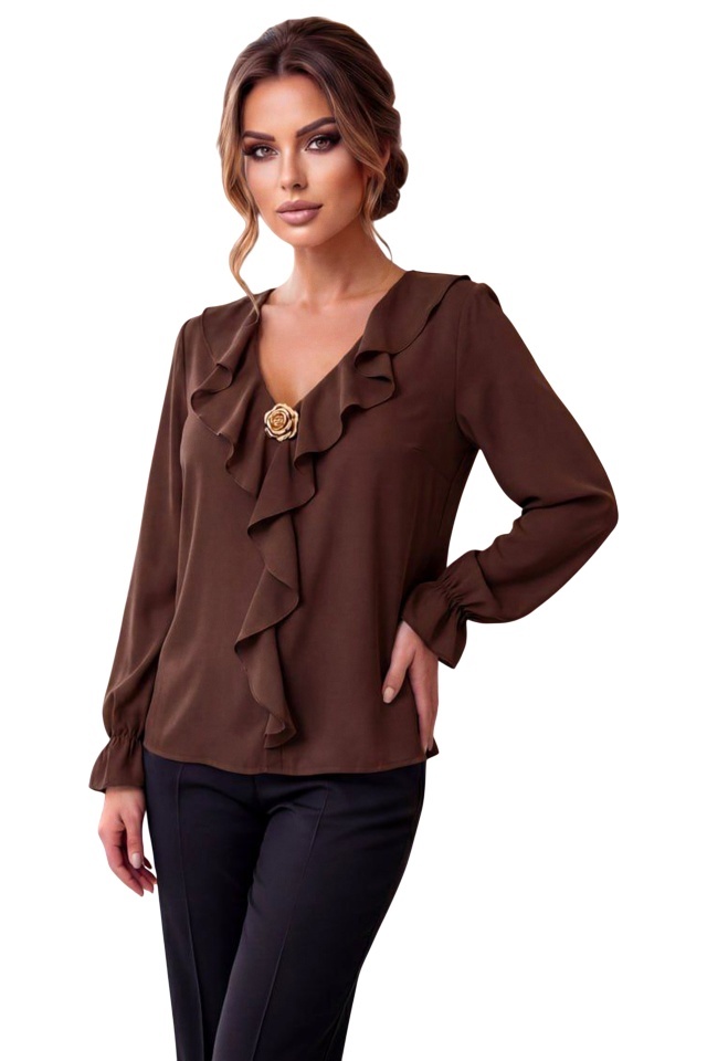 Bluza vaporoasa de dama, NORIA, cu volane si brosa aurie, Maro, Marime S/M