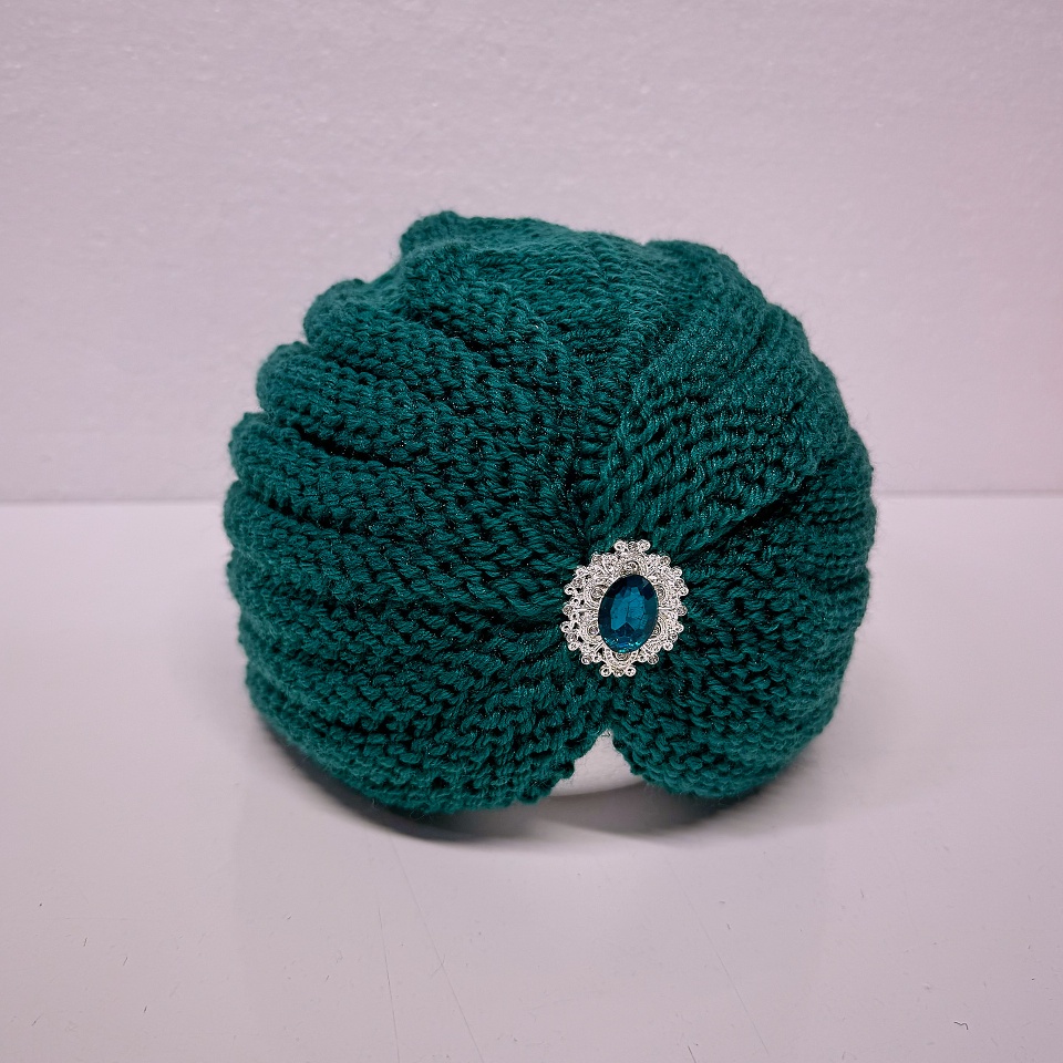 Caciula dama tip turban, NIDEH, cu brosa si textura tricotata, Turquoise - 1 | YEO