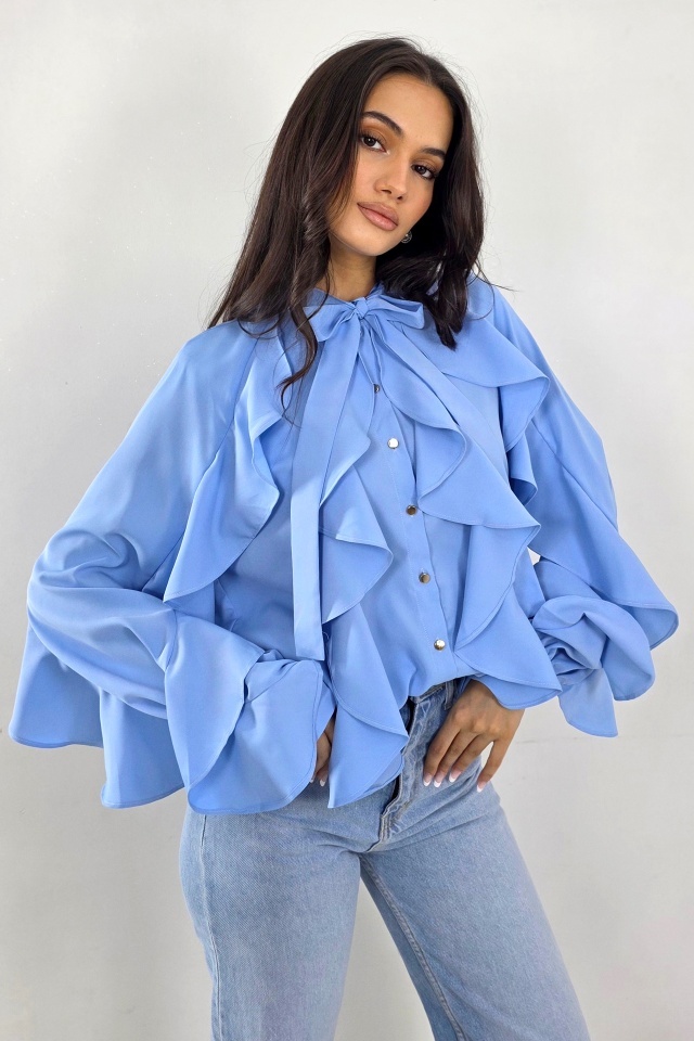 Camasa eleganta Jordany, cu volane multiple si butoni aurii, Baby Blue
