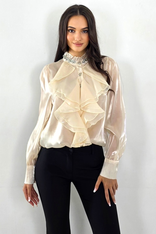 Camasa eleganta, transparenta Costanza, cu jabou si cristale, Crem, Marime S/M - 2 | YEO