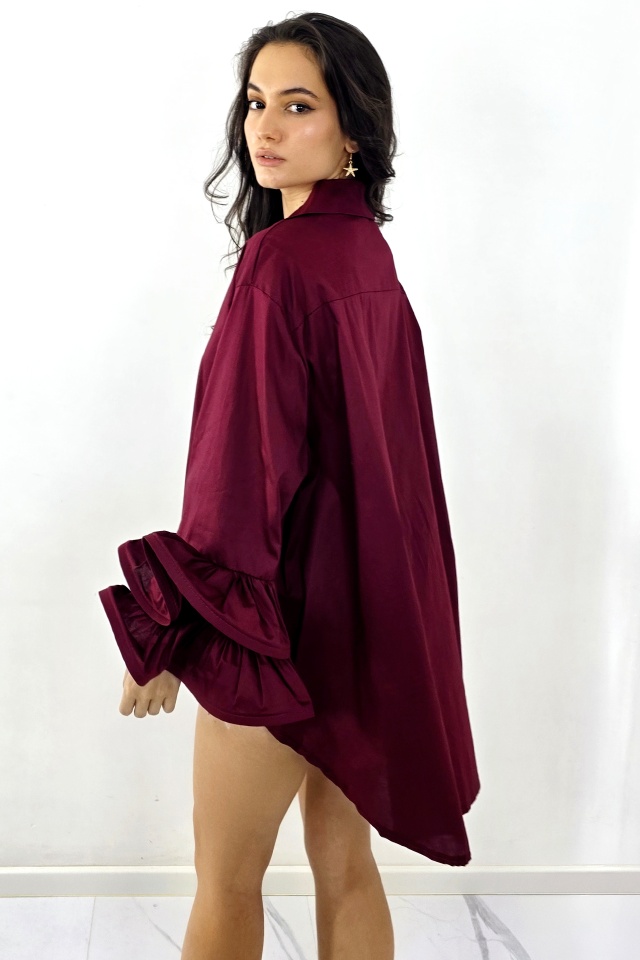 Camasa supradimensionata Sugar LoLLy, lungime asimetrica, cu volane, Bordo, Marime S/M/L - 1 | YEO