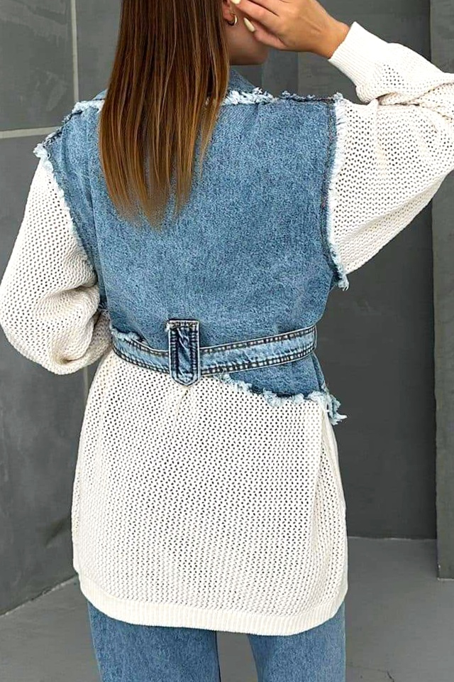 Cardigan lung Violeta, din tricot cu denim si cordon asortat, Alb - 3 | YEO