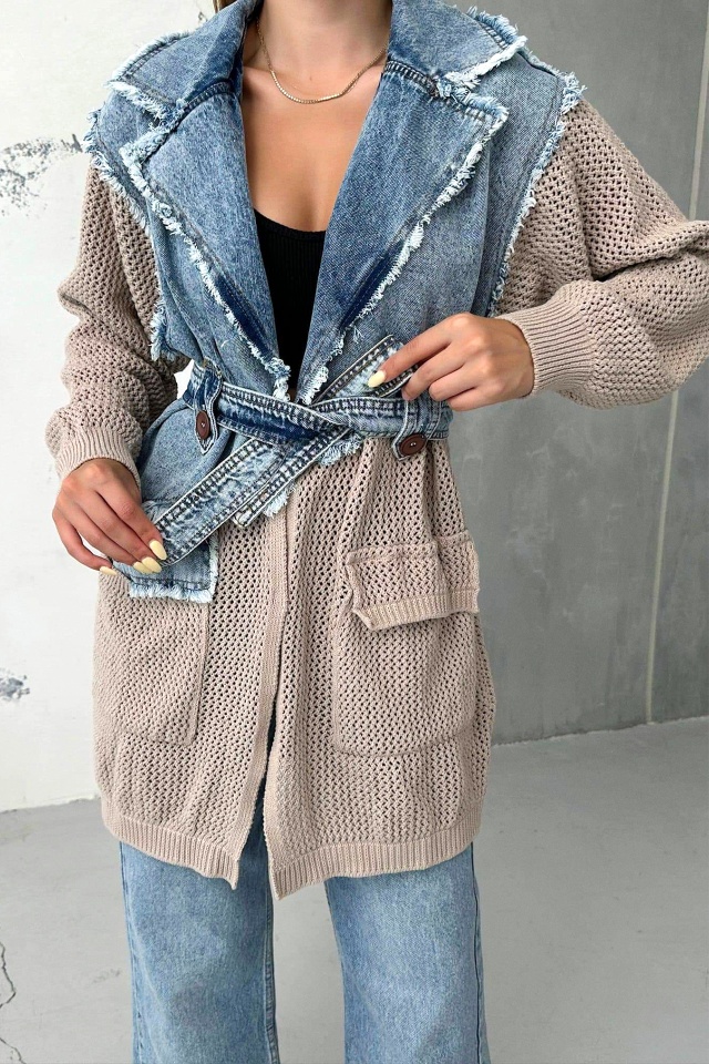 Cardigan lung Violeta, din tricot cu denim si cordon asortat, Bej