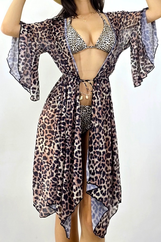 Cardigan scurt de plaja NaLLa, cu maneca evazata si snur in talie, Animal Print Bej - 3 | YEO