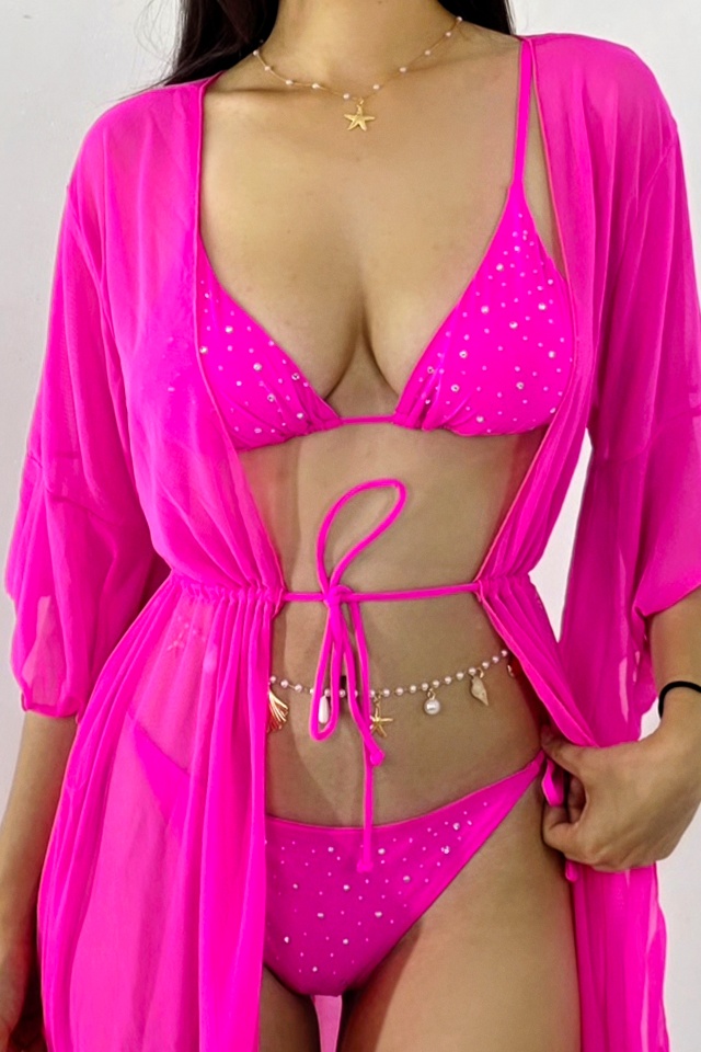 Cardigan scurt de plaja NaLLa, cu volane si snur in talie, Fucsia - 3 | YEO