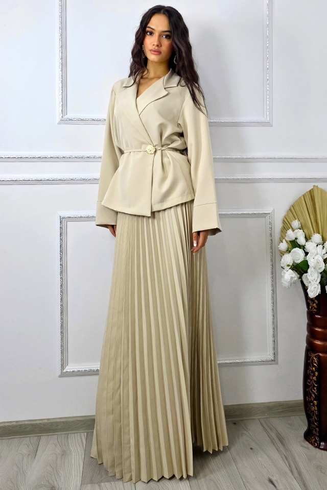 Compleu business LUNIS, cu sacou petrecut si fusta plisata, Crem, Marime S/M/L - 3 | YEO