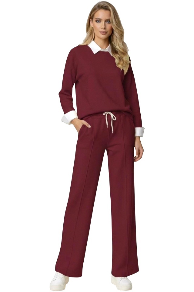 Compleu casual ALYA, cu bluza tip camasa si pantaloni lejeri cu snur, Burgundy, Marime S/M/L