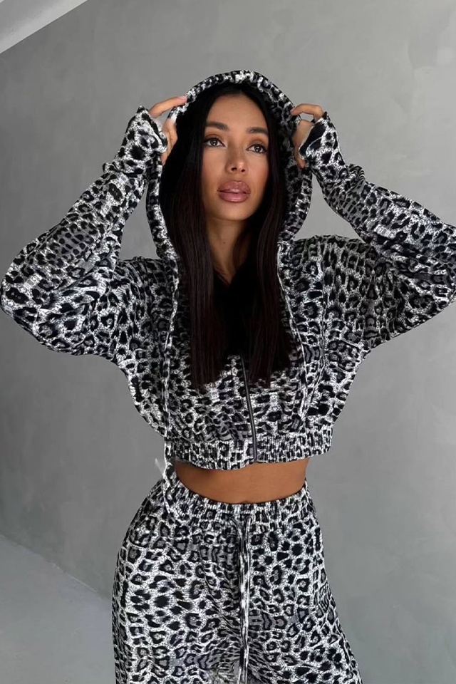 Compleu casual catifea, Savage, pantaloni largi si hanorac cu fermoar, Negru Leopard