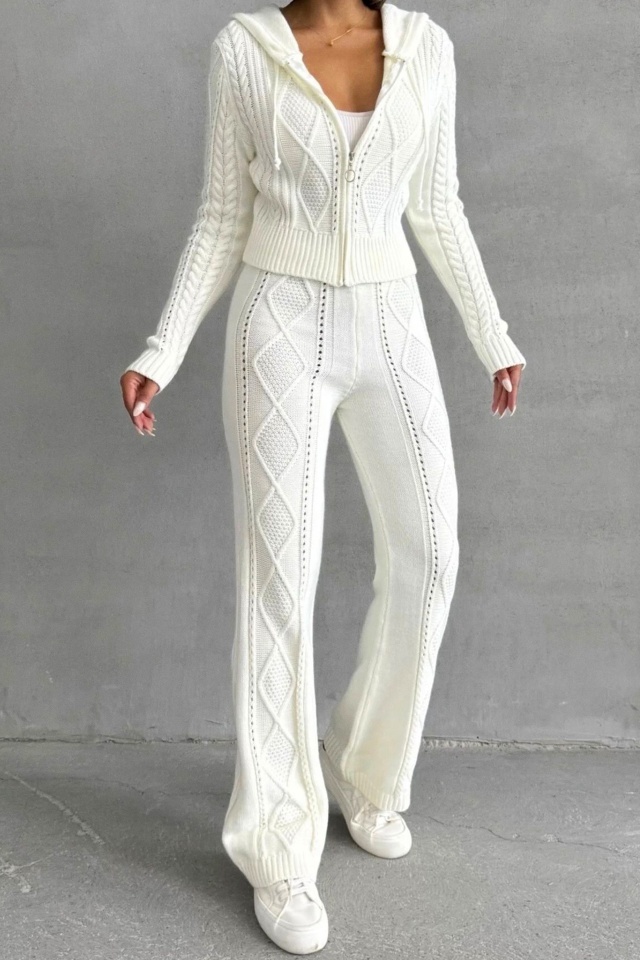 Compleu casual de dama TOREN, cu pantaloni si bluza din tricot, Alb, Marime S/M - 2 | YEO