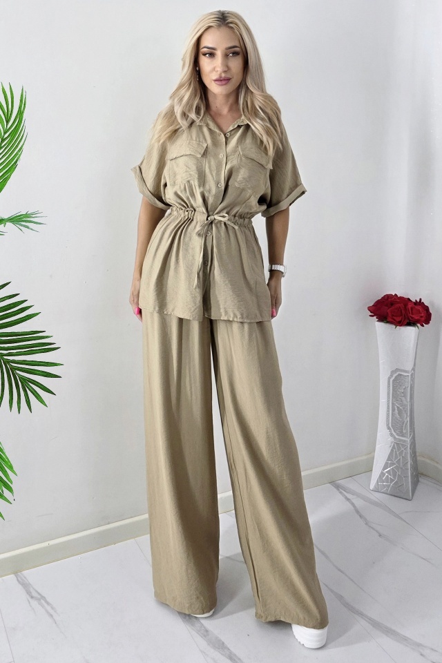Compleu casual din vascoza LUNIA, camasa lunga si pantaloni cu banda elastica, BEJ, Marime S/M - 2 | YEO