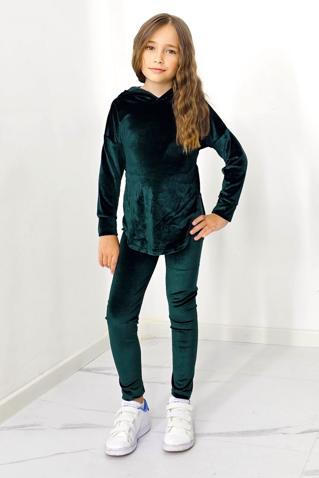 Compleu casual, Zoya Kids, din catifea, cu pantaloni slim si bluza cu gluga, Verde