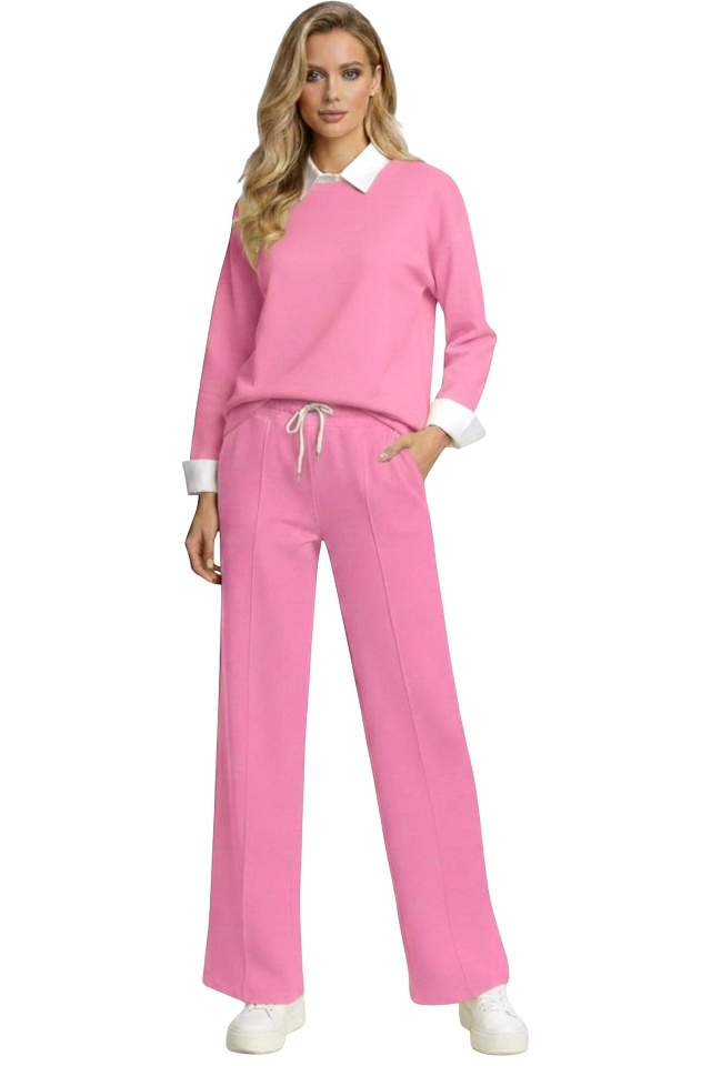 Compleu dama ALYA, cu bluza tip camasa si pantaloni lejeri cu snur, Roz, Marime S/M/L