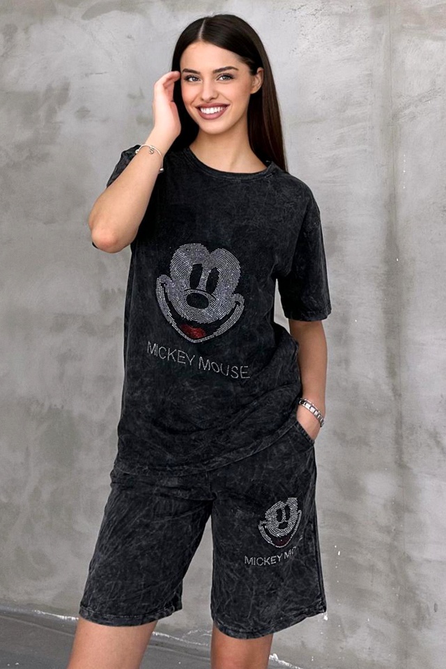Compleu de dama RUDY, pantaloni scurti si tricou cu paiete, Negru Mickey - 3 | YEO