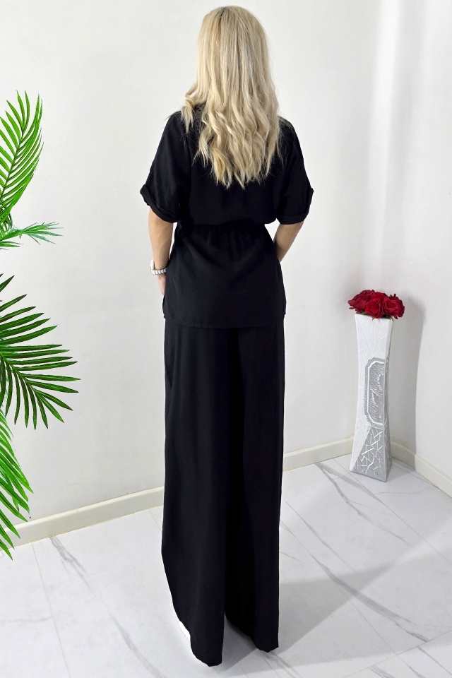 Compleu de dama vaporos LUNIA, cu camasa si pantaloni largi, Negru, Marime S/M - 1 | YEO