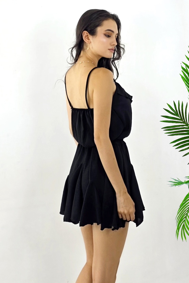 Compleu de zi Calipso, top bretele spaghetti si fusta pantalon zig-zag, Negru, Marime S/M - 1 | YEO