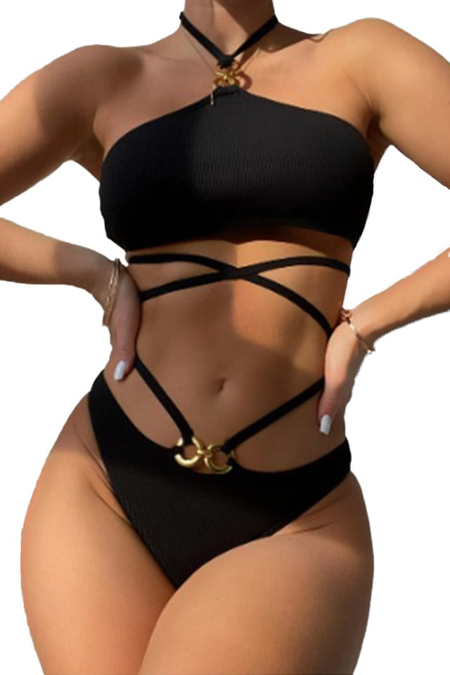 Costum de baie Bora Bora, doua piese, cu accesorii metalice si snur pe talie, negru - 2 | YEO