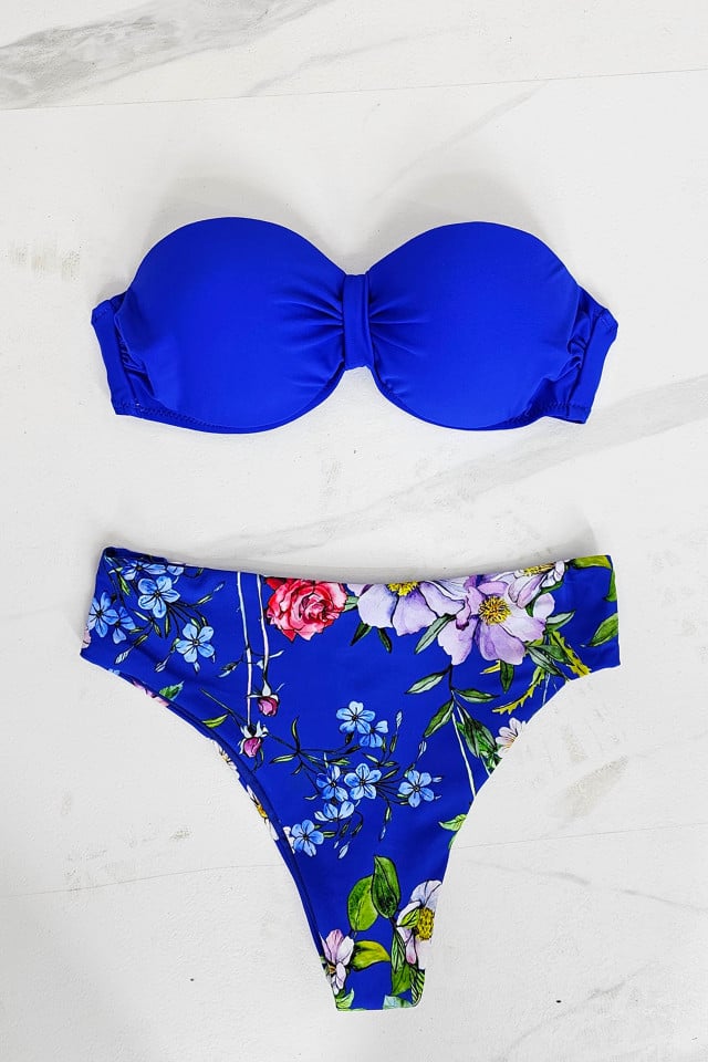 Costum de baie doua piese Azalee, imprimeu floral si sutien uni cu push up, Blue Hortensia - 3 | YEO