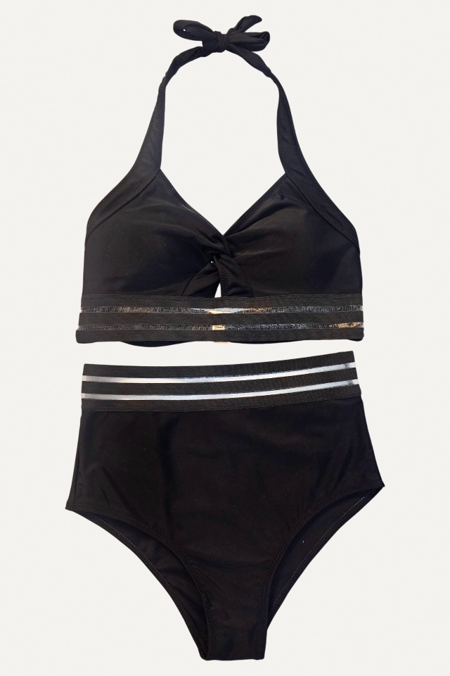 Costum de baie doua piese LEORA, slip clasic cu talie inalta si sutien sport, Negru - 2 | YEO