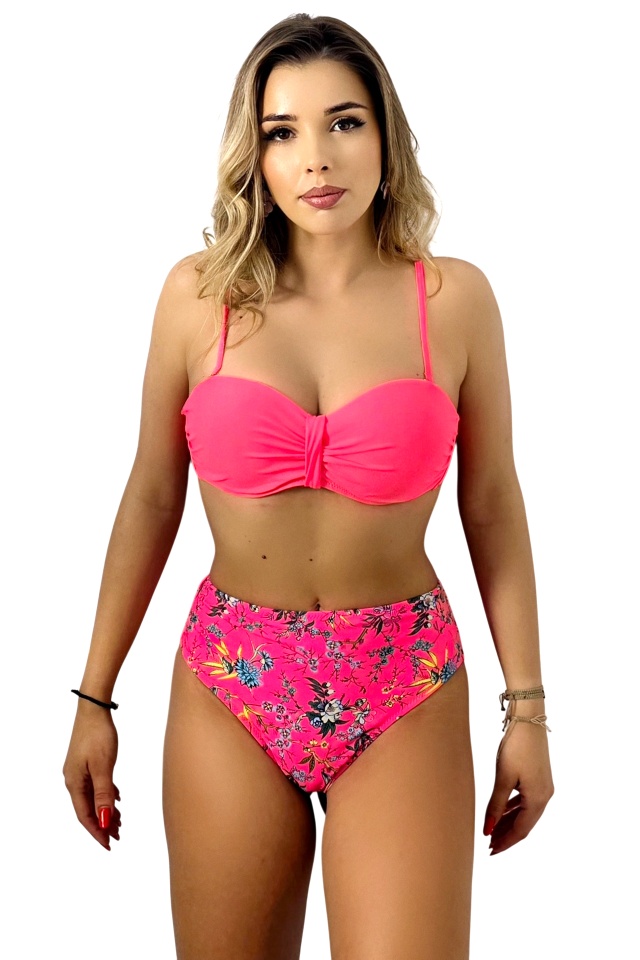Costum de baie doua piese VELYN, slip imprimeu floral si sutien cu push up, Fucsia - 3 | YEO