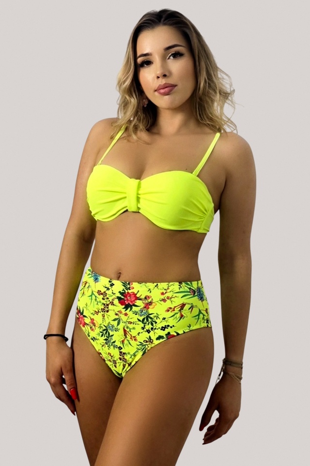 Costum de baie doua piese VELYN, slip talie inalta si sutien cu push up, Galben Neon
