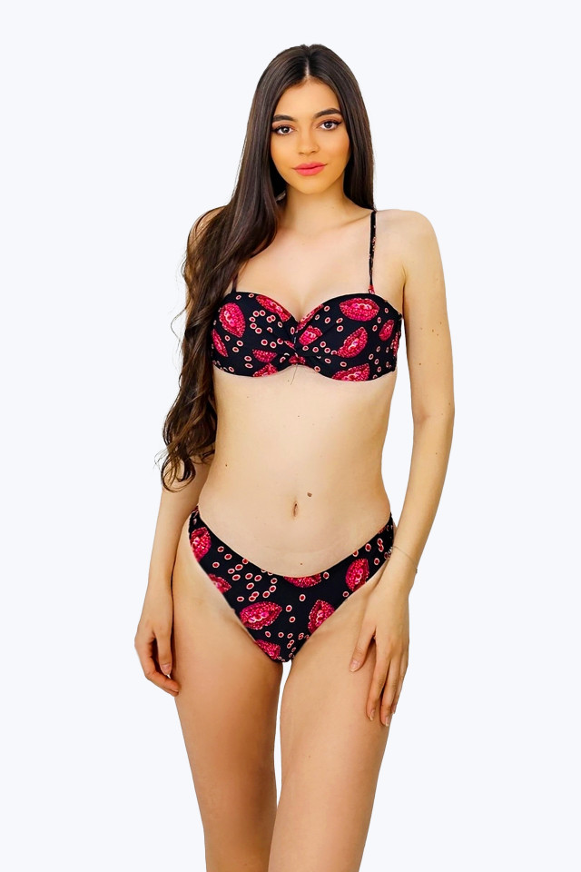 Costum de baie trei piese Maggie, imprimeu abstract si sutien cu push up, Negru - 1 | YEO