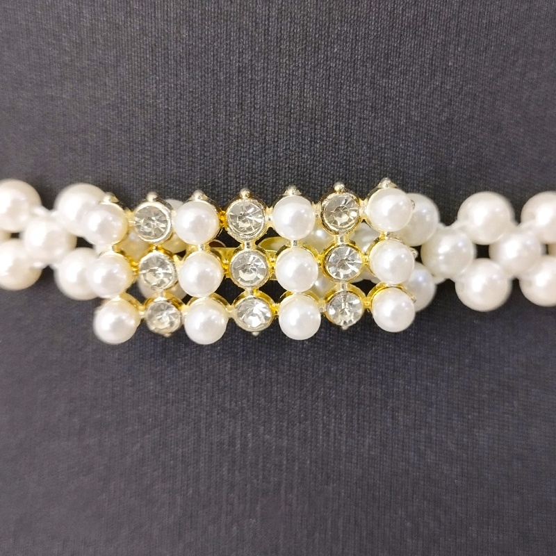 Curea elastica cu perle TYE, catarama decorativa dreptunghiulara si cristale, Gold - 1 | YEO