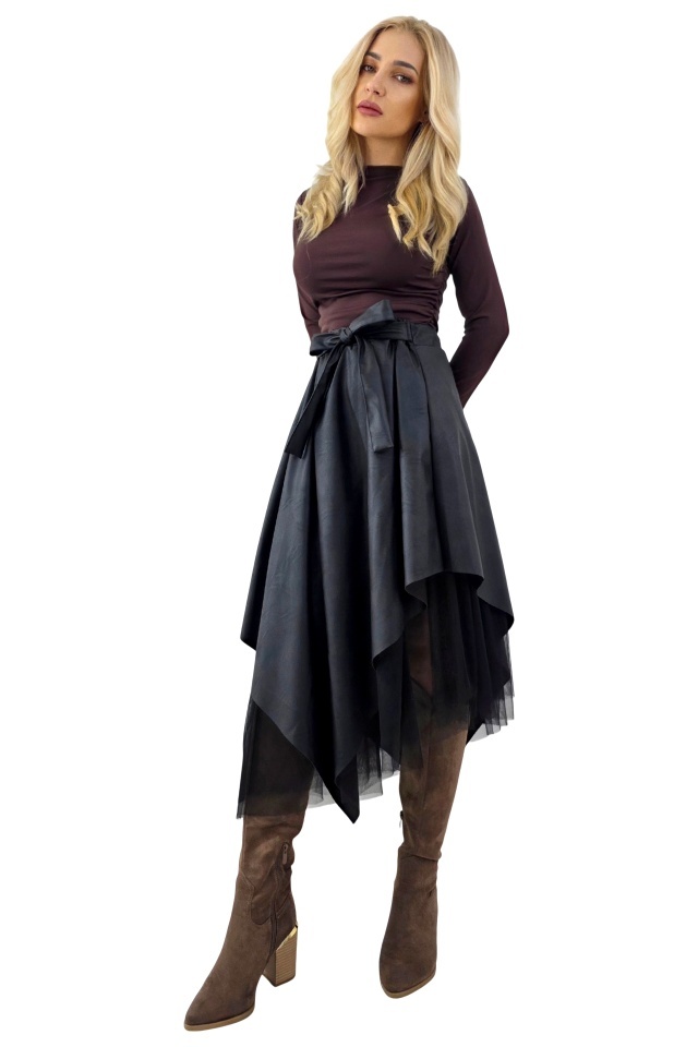 Fusta Florentina, din pile eco, cu tull asimetric si cordon cusut, Negru