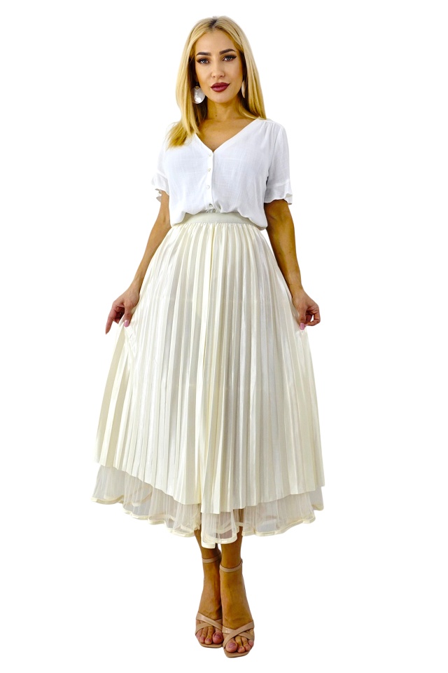 Fusta lunga cu doua fețe, LUNA, aspect plisat si tull, Crem, Marime S/M/L
