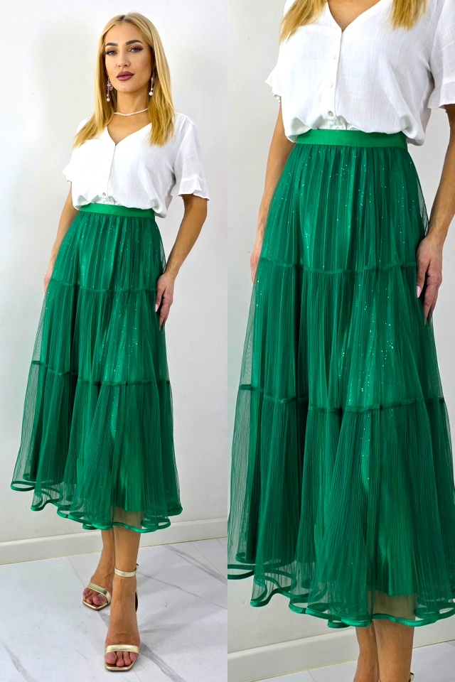 Fusta lunga cu doua fețe, LUNA, aspect plisat si tull, VERDE, Marime S/M/L