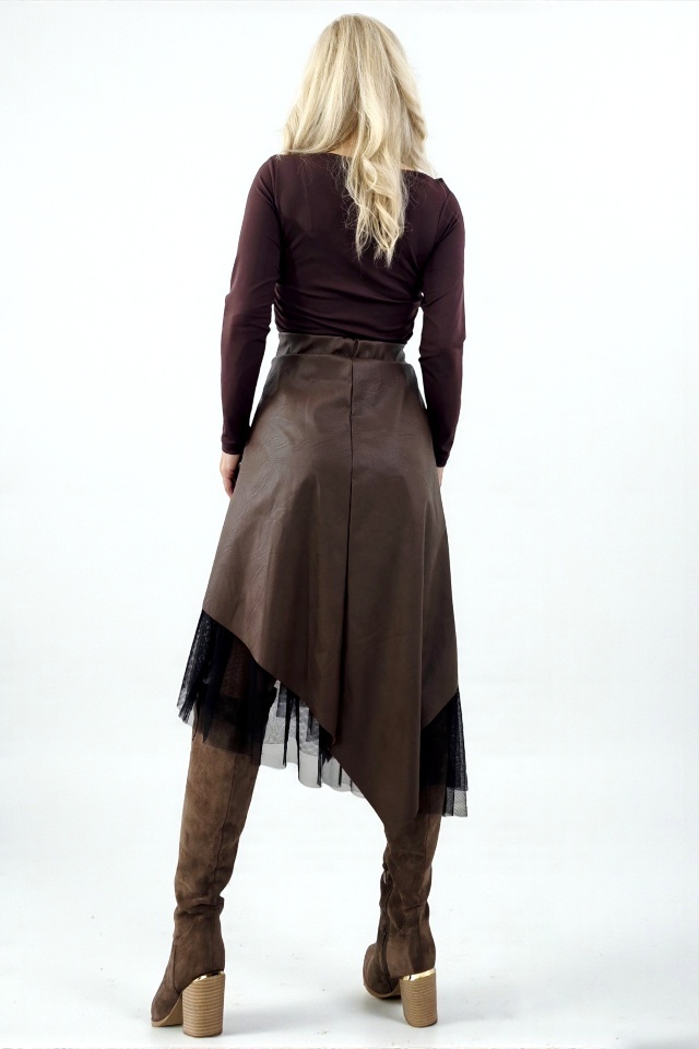Fusta lunga cu tull asimetric, Florentina, piele eco si cordon cusut, Maro, Marime S/M