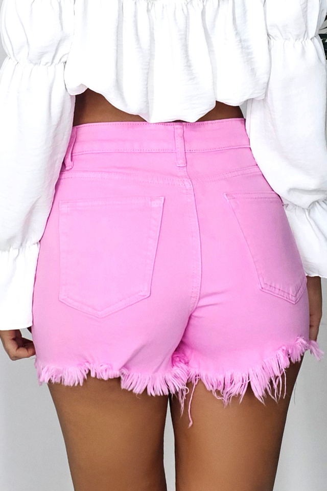 Fusta pantaloni scurti de blugi Nirvana, cu decupaje, Roz - 2 | YEO