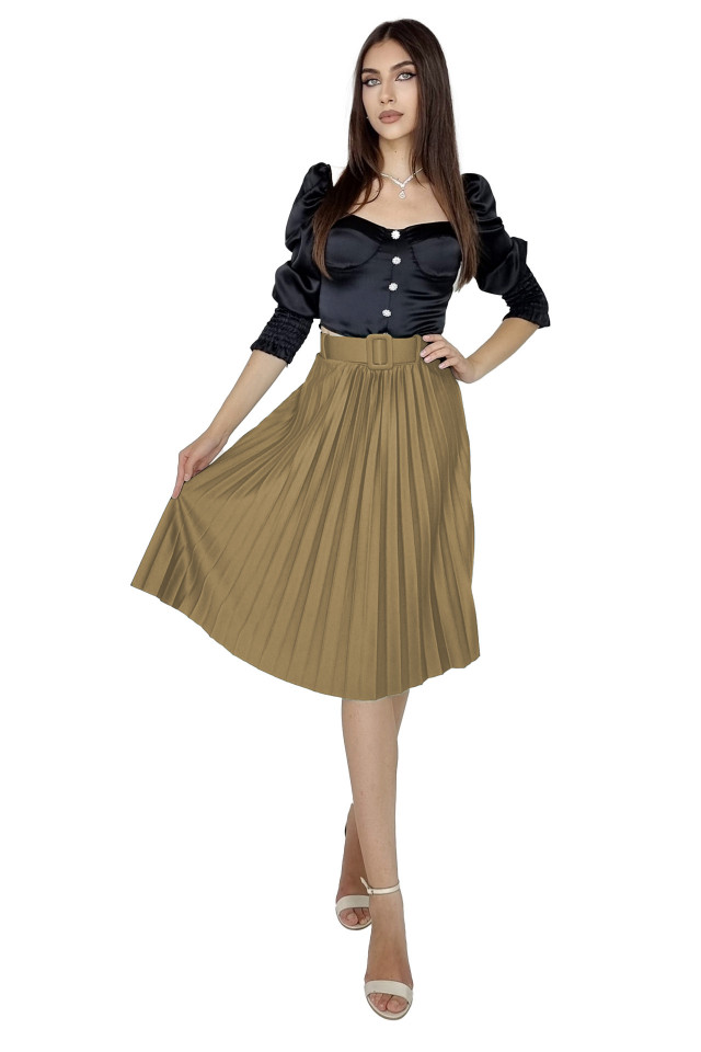 Fusta plisata eleganta Carmen, curea de aceeasi culoare inclusa, Bej, Marime universala S/M