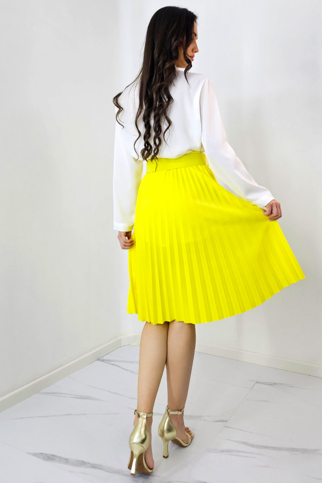 Fusta plisata eleganta Carmen, curea de aceeasi culoare inclusa, Galben, Marime S/M