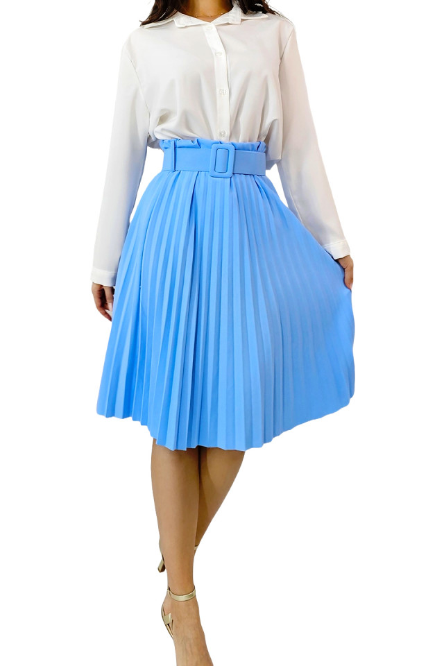 Fusta plisata eleganta Carmen, curea de aceeasi culoare inclusa, Albastru baby blue, Marime S/M