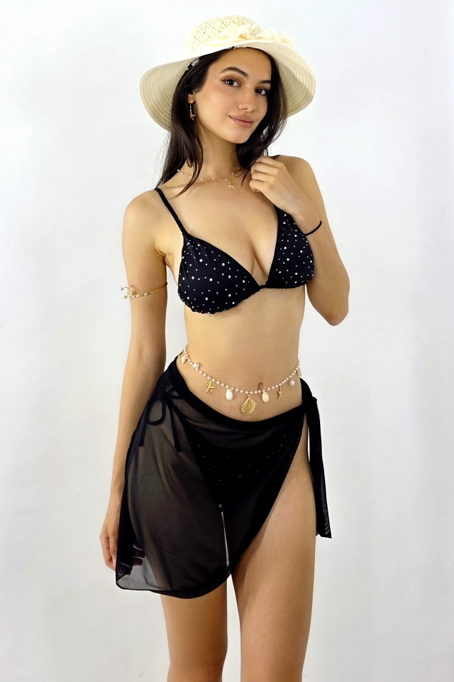 Fusta scurta de plaja tip Sarong, cu prindere laterala, Negru - 3 | YEO