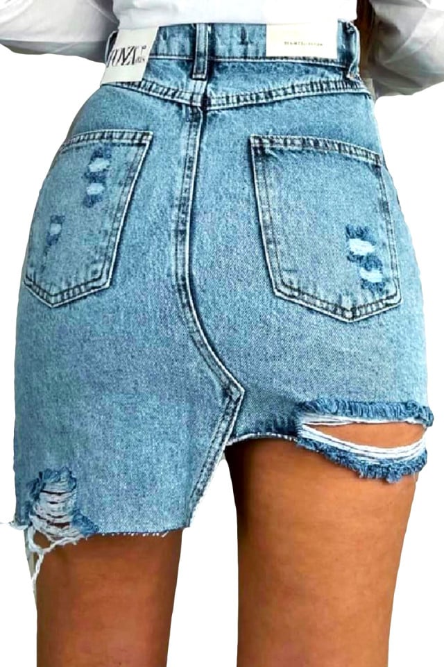 Fusta scurta denim Pathos, cu perforatii accentuate si croi asimetric, Albastru denim