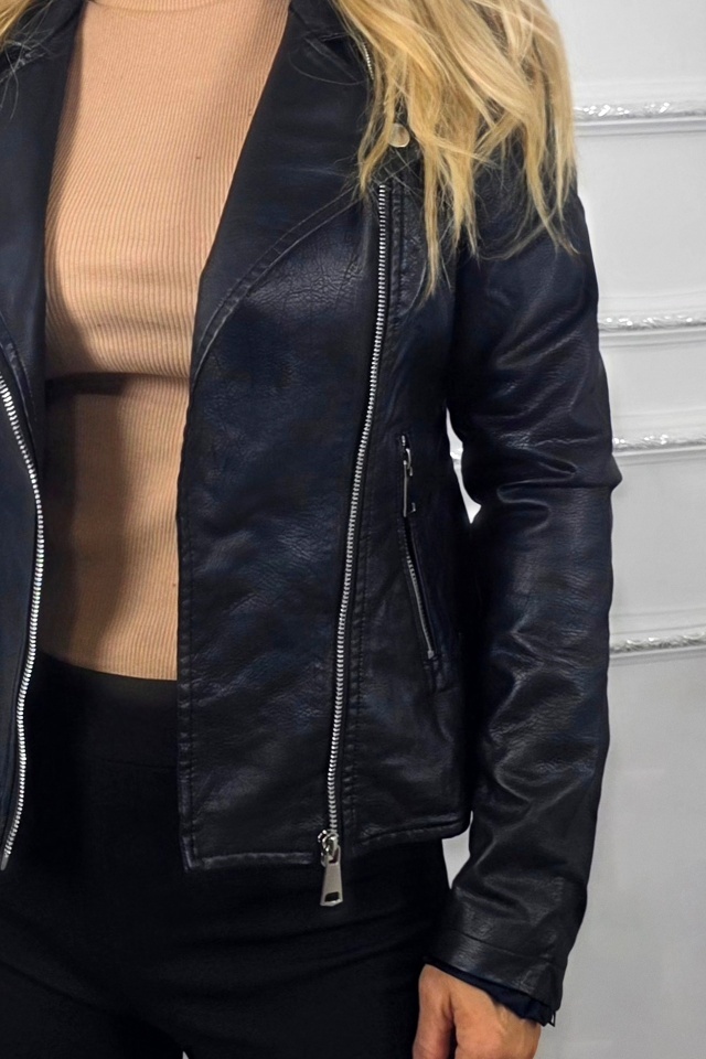 Geaca din piele ecologica NYTA, model biker cu inchidere laterala, Negru